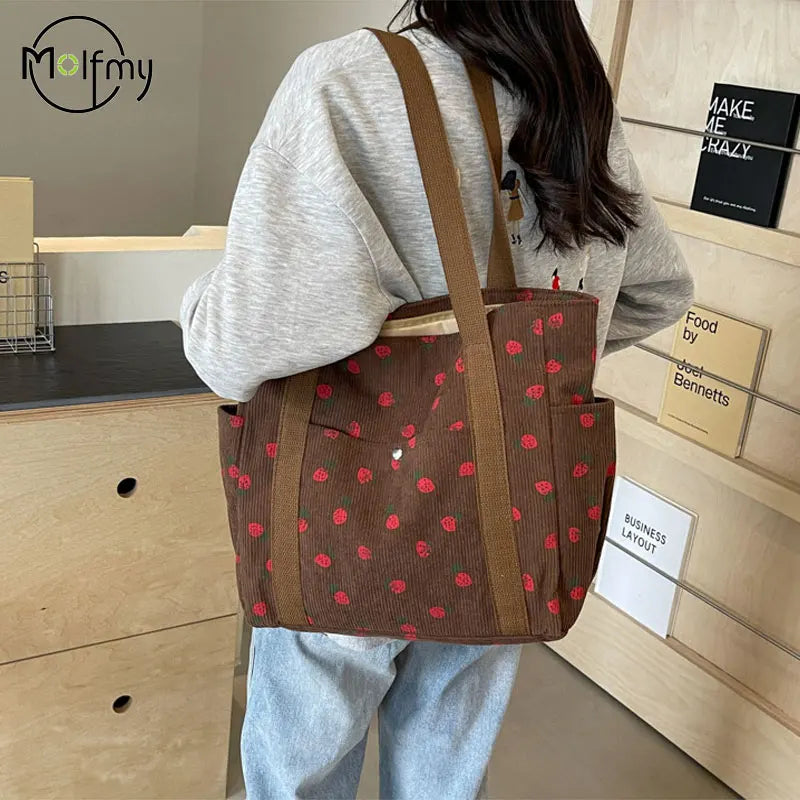 STRAWBERRY CORDUROY ZIPPER SHOULDER BAG