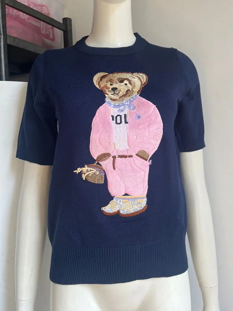 EUROPEAN STYLE LUXURY BEAR KNIT SHORT SLEEVE TOP