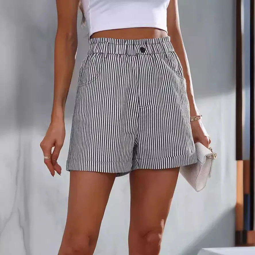 NEW WOMEN'S CASUAL SUMMER STRIPED SHORTS WITH POCKETS