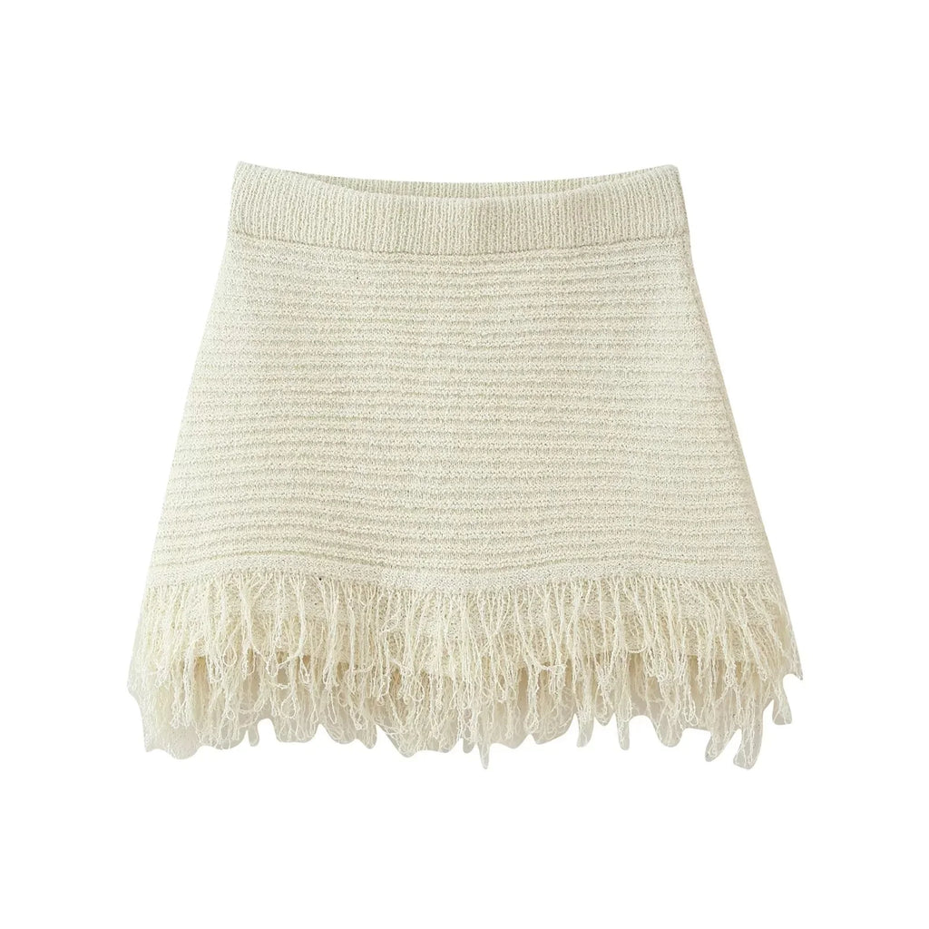 KNIT TASSEL HOLLOW-OUT SHIRT & MINI SKIRT SET