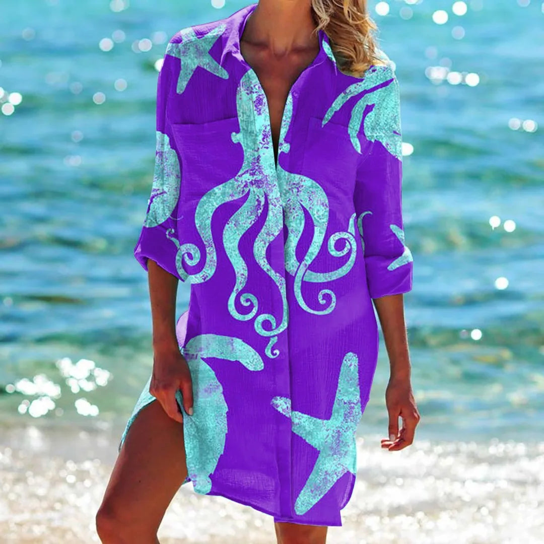 OCEAN PRINT LONG SLEEVE BLOUSE