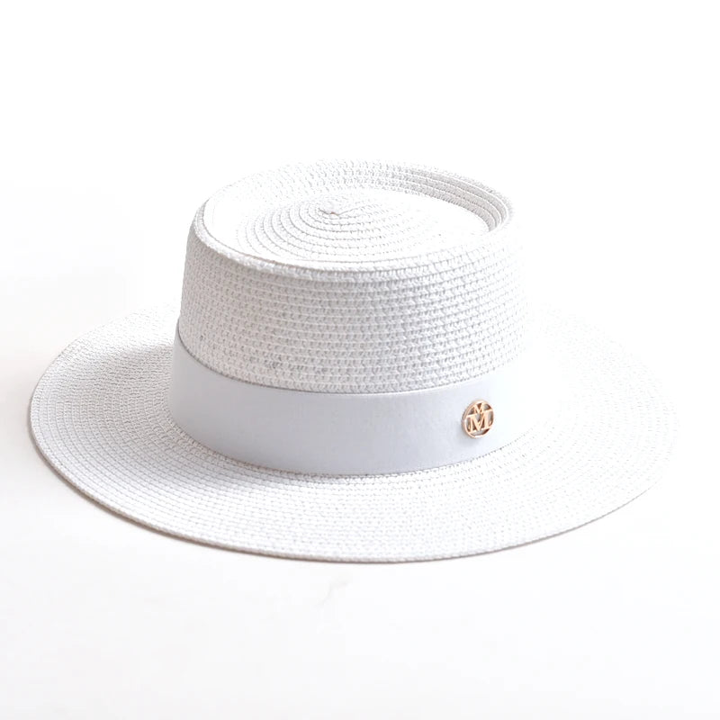WOMEN’S STRAW SUN HAT WITH FLAT BRIM & RIBBON