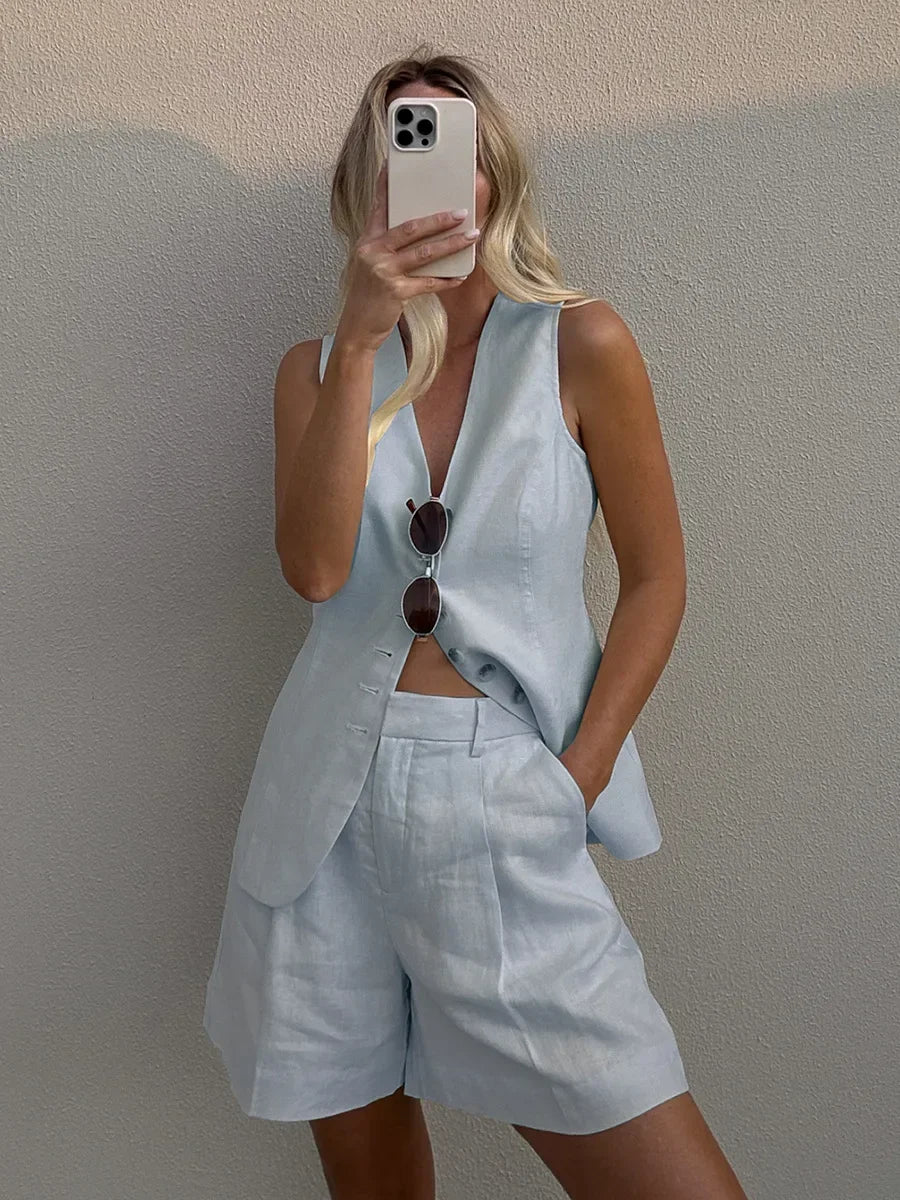 WOLFEEL CASUAL COTTON AND LINEN SET - VEST AND SHORTS
