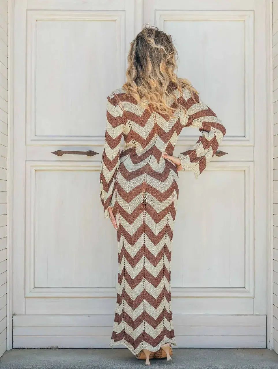 WOMEN'S STRIPED KNIT MAXI DRESS LACE-UP