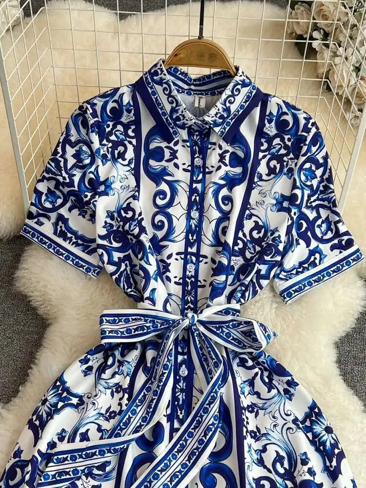 BLUE WHITE PORCELAIN FLORAL MIDI DRESS