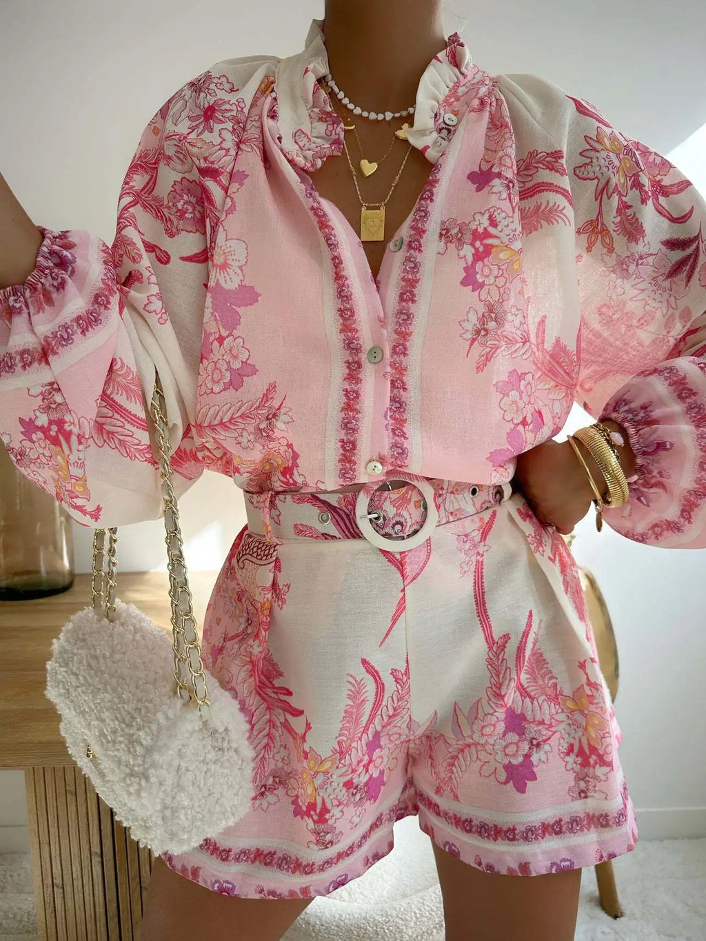 CASUAL SET FLORAL SHIRT WITH BELT