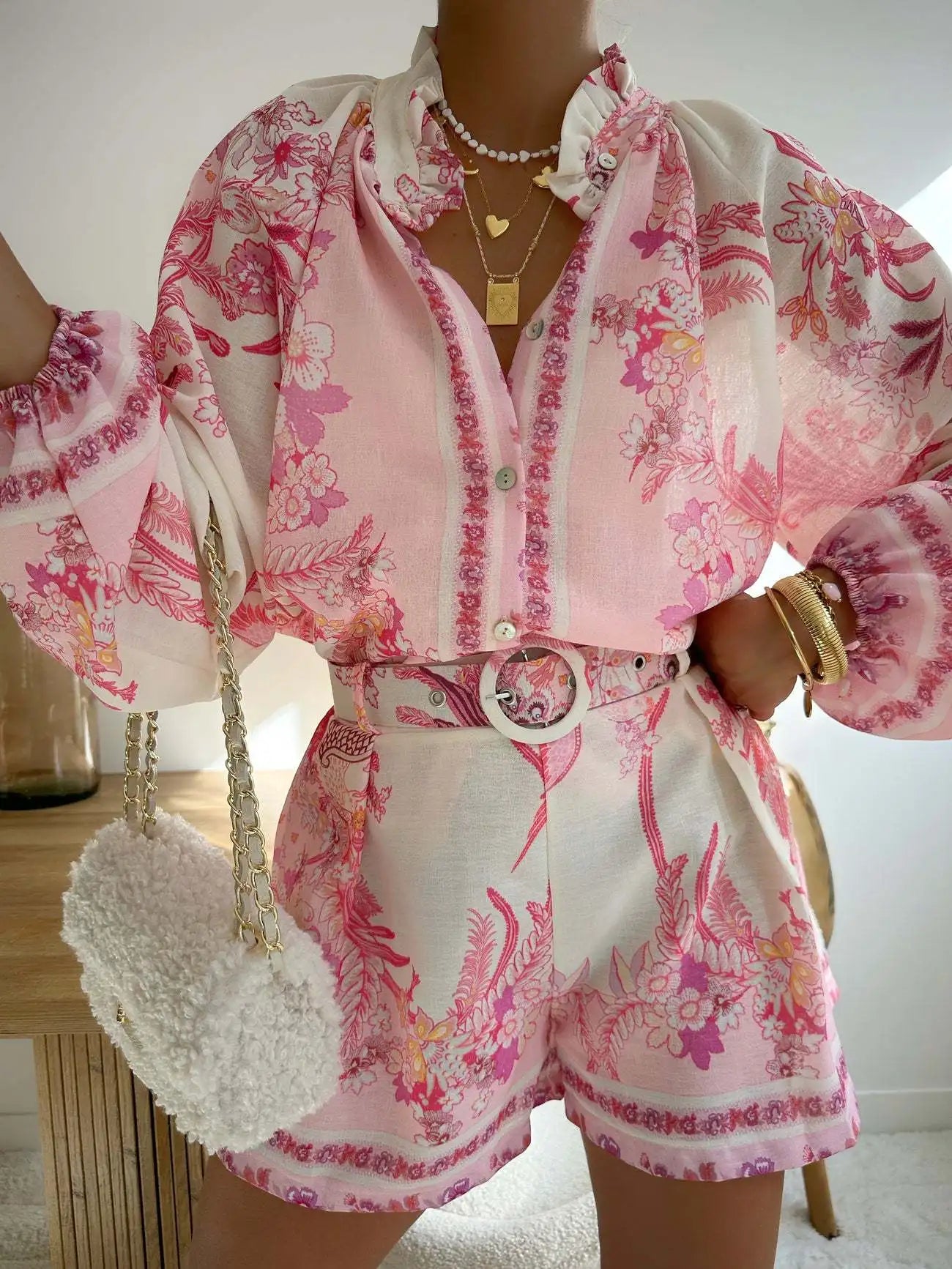 CASUAL SET FLORAL SHIRT WITH BELT