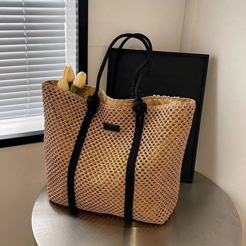 SUMMER STRAW BAG WITH SHOULDER STRAP AND LARGE CAPACITY