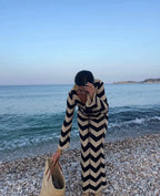 WOMEN'S STRIPED KNIT MAXI DRESS LACE-UP SOLELII