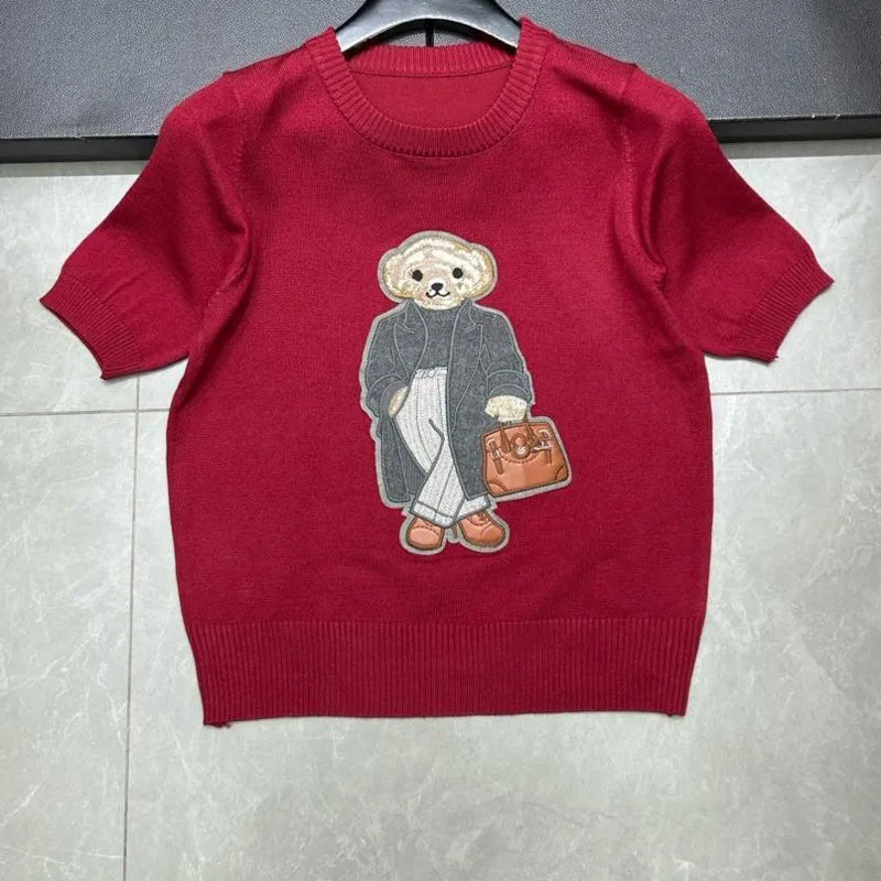 EUROPEAN STYLE LUXURY BEAR KNIT SHORT SLEEVE TOP