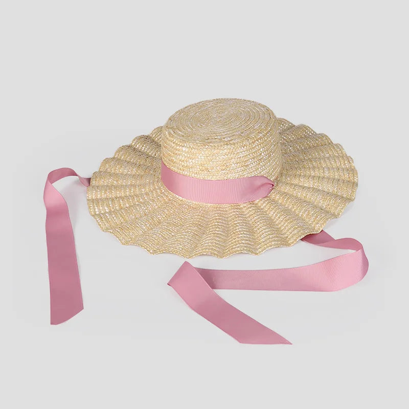 STRAW HAT WITH LACE BAND AND WIDE BRIM