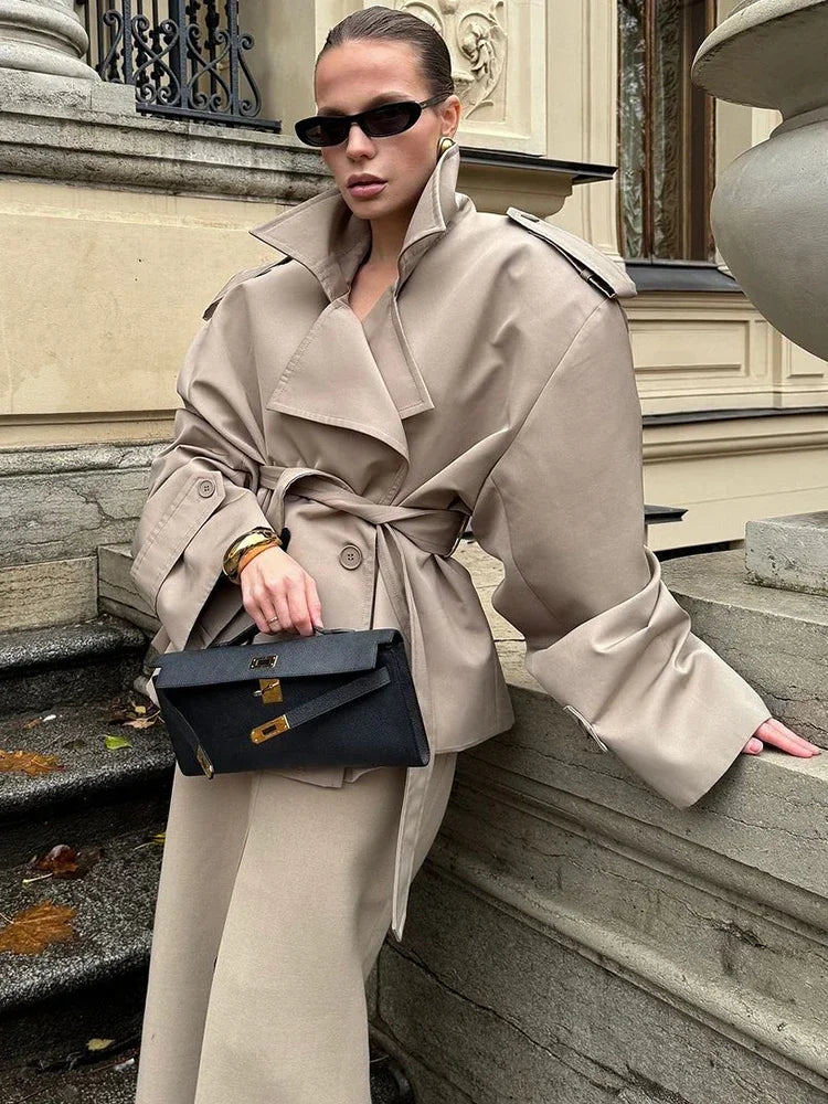 CROPPED KHAKI TRENCH COAT WITH BELT