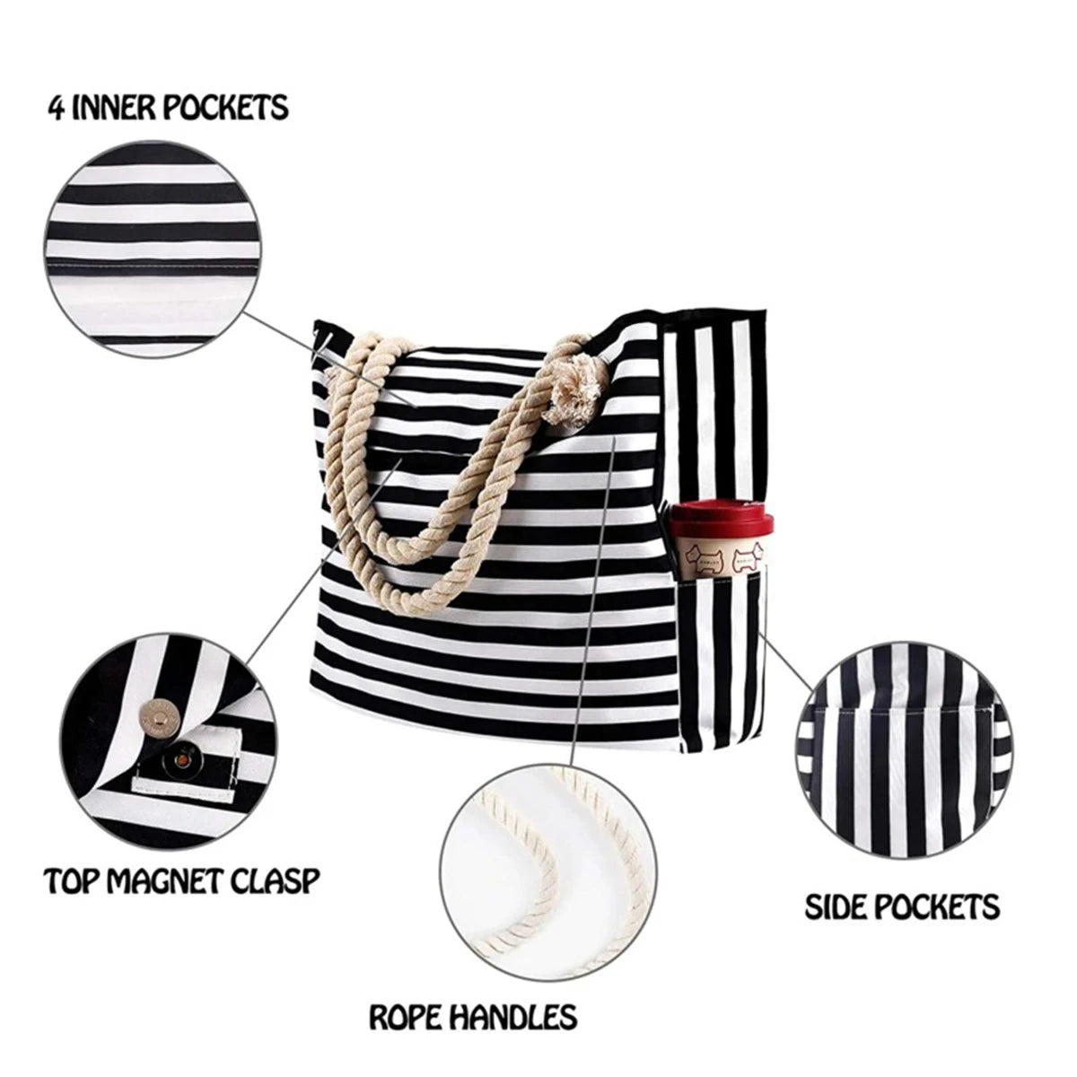 STRIPED BEACH BAG, FOLDABLE, LIGHTWEIGHT AND WATER RESISTANT