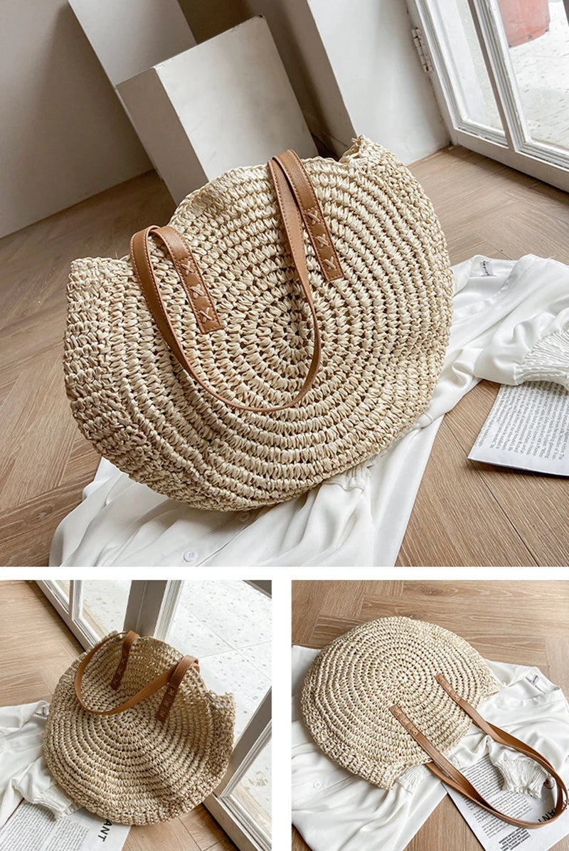 ROUND WOVEN STRAW SHOULDER BAG