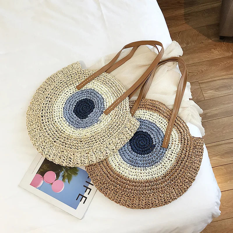 WOVEN ROUND STRAW ZIPPER BAG