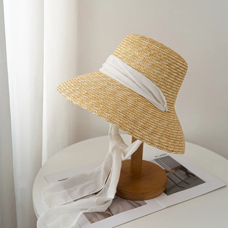 STRAW HAT WITH LACE BAND AND WIDE BRIM