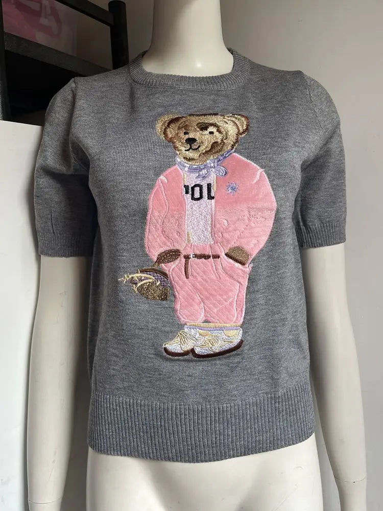 EUROPEAN STYLE LUXURY BEAR KNIT SHORT SLEEVE TOP