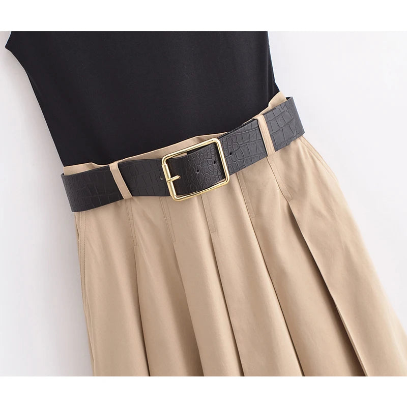 Geplooide midi-jurk met riem voor dames, mouwloos