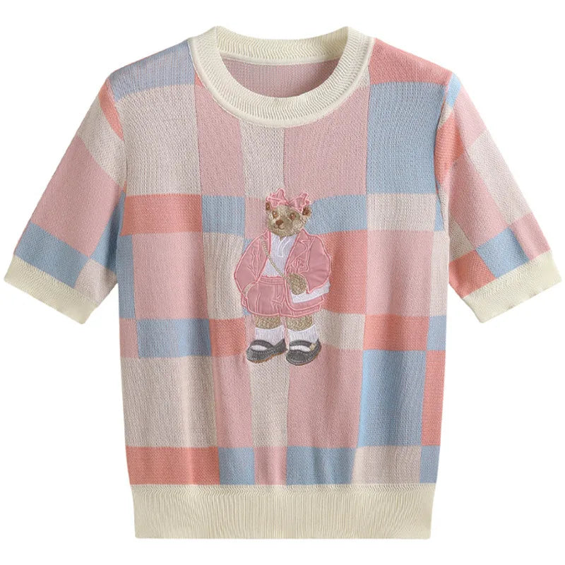EUROPEAN STYLE LUXURY BEAR KNIT SHORT SLEEVE TOP