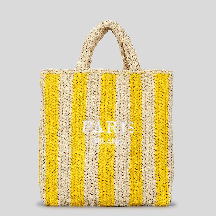 STRIPED STRAW WOVEN TOTE BAG