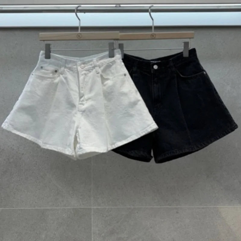 REALEFT SHORTS JEANS A-LINE WHITE