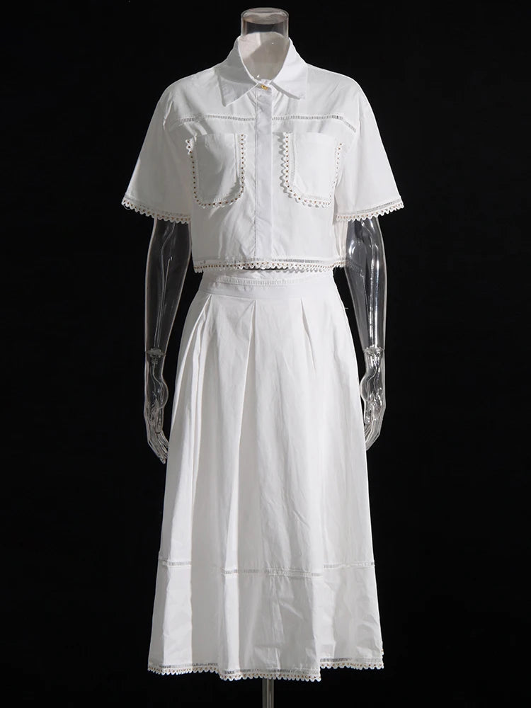 SHORT-SLEEVED SHIRT WITH COLLAR AND HIGH-WAISTED A-LINE SKIRT SET