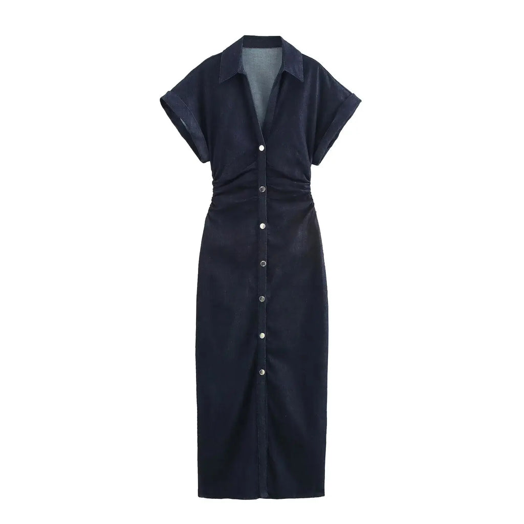 DENIM MIDI DRESS WITH LAPEL AND SIDE ZIPPER