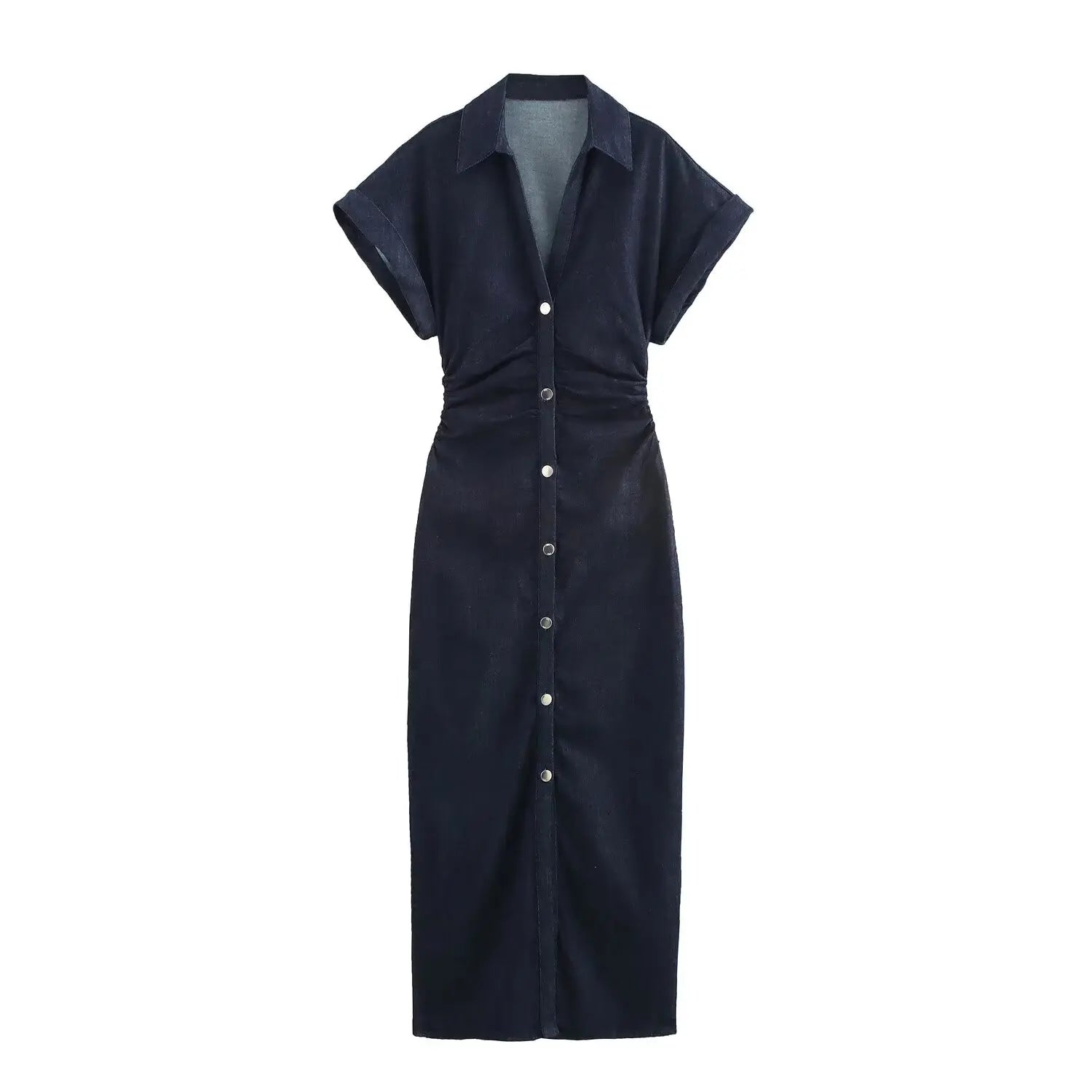 DENIM MIDI DRESS WITH LAPEL AND SIDE ZIPPER