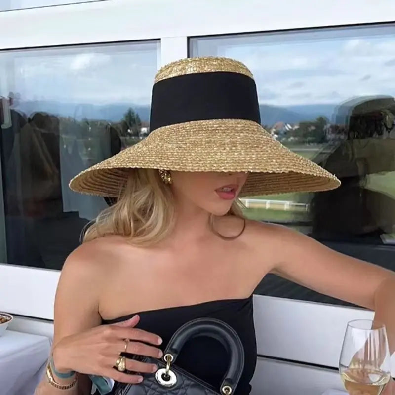 STRAW HAT WITH LACE BAND AND WIDE BRIM