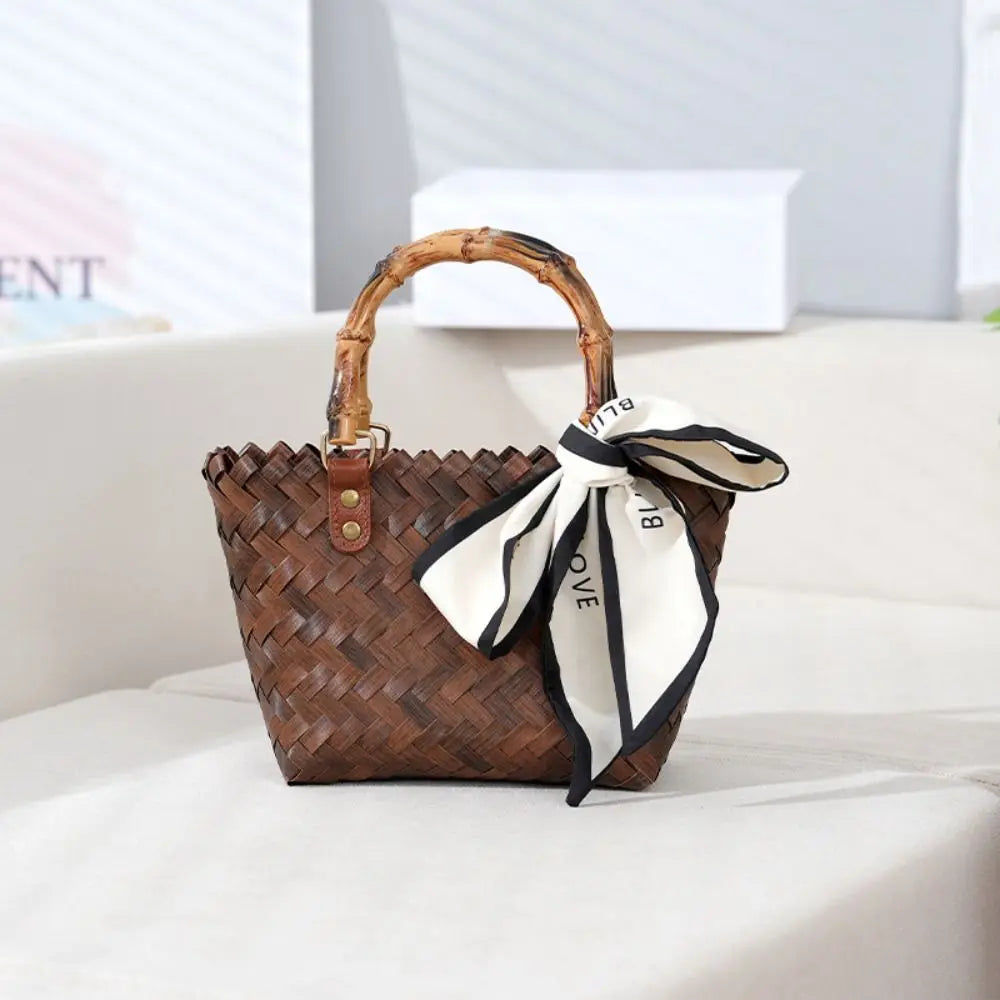WOVEN BAMBOO-HANDLE CROCHET TOTE