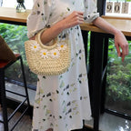 HANDWOVEN HALF-MOON STRAW BASKET BAG SOLELII