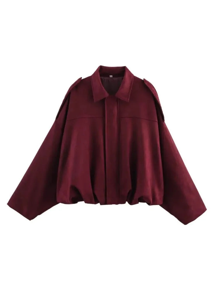 WOMEN'S FAUX SUEDE LOOSE BOMBER JACKET WITH ZIPPER