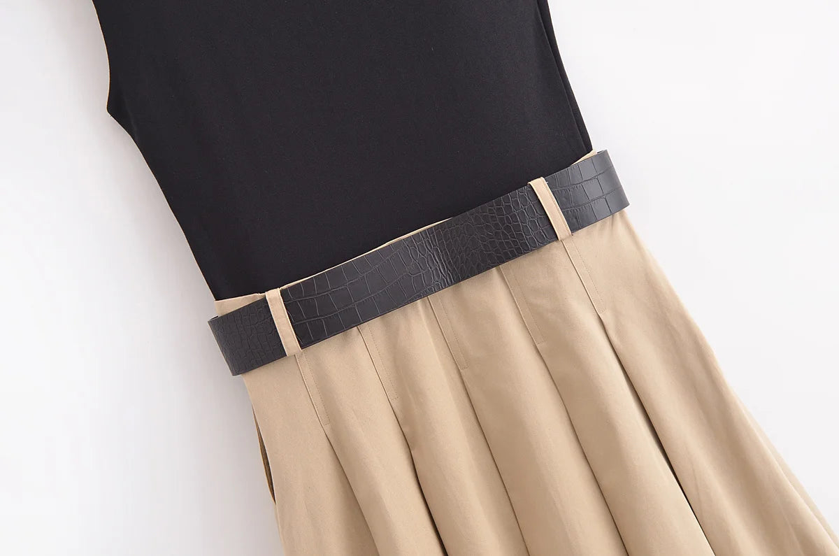 PATCHWORK PLEATED SLEEVELESS MIDI DRESS WITH BELT