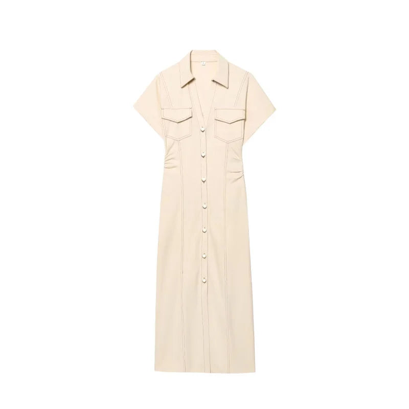 DENIM MIDI DRESS WITH LAPEL AND SIDE ZIPPER