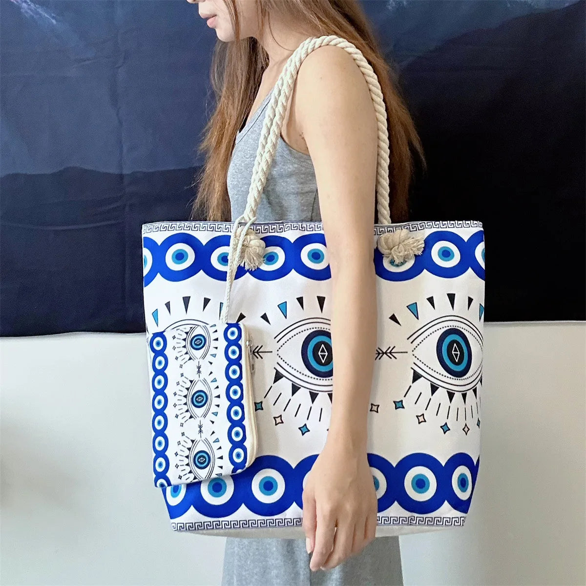 LARGE POLYESTER GREEK EYE BEACH BAG