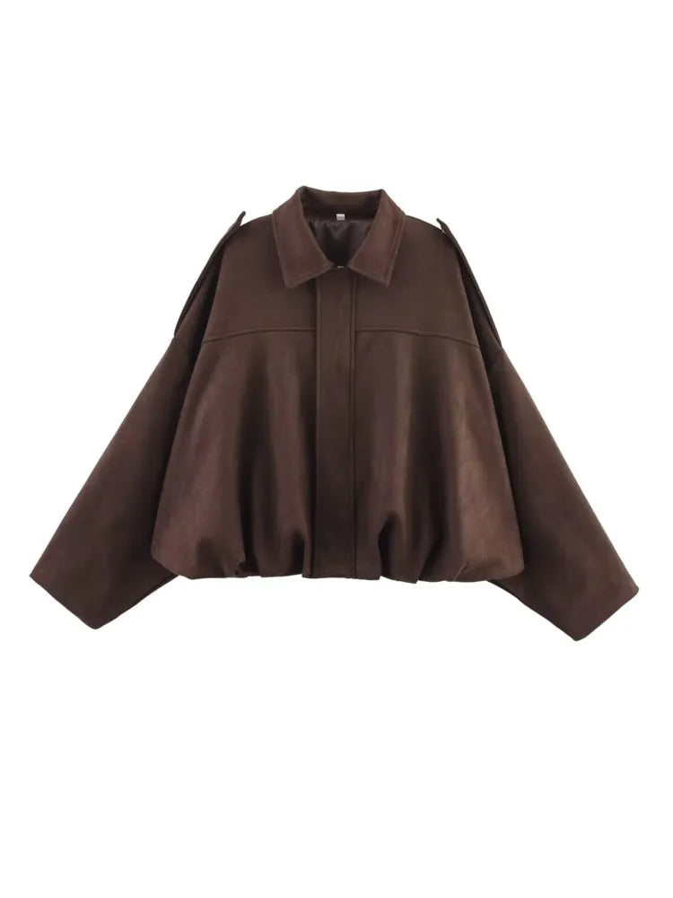 WOMEN'S FAUX SUEDE LOOSE BOMBER JACKET WITH ZIPPER