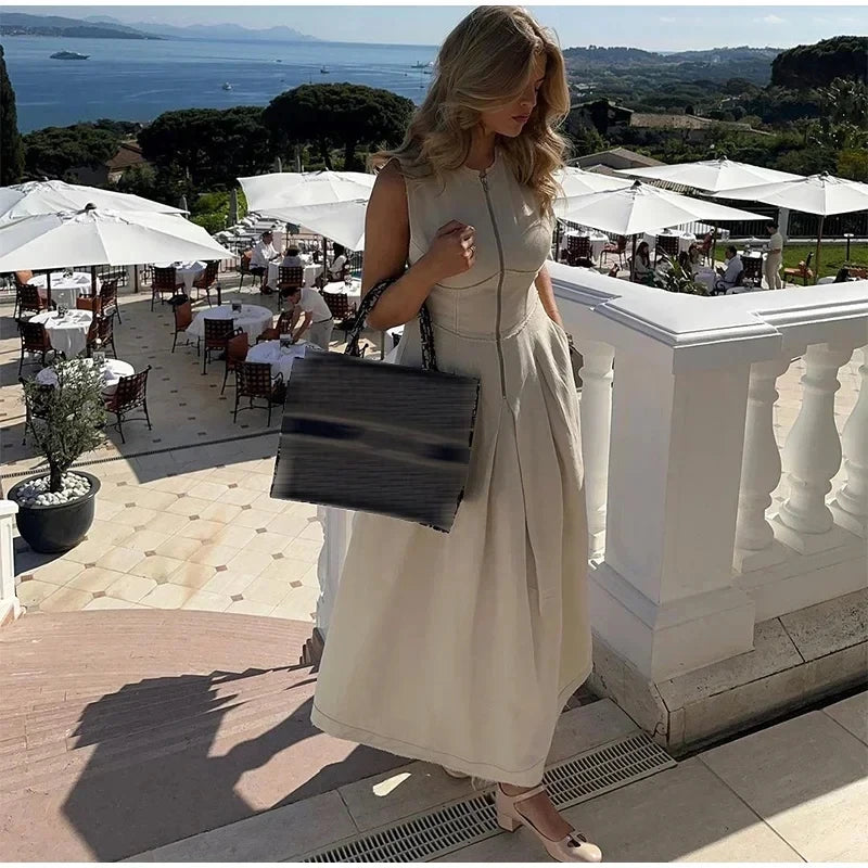 DRAPED ZIP SLEEVELESS MAXI DRESS