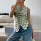 WOMEN'S STRIPED BUTTON DOWN SLEEVELESS CARDIGAN SOLELII
