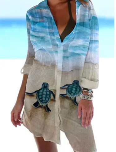OCEAN PRINT LONG SLEEVE BLOUSE