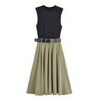WOMEN’S PLEATED PATCHWORK BELTED MIDI DRESS Test