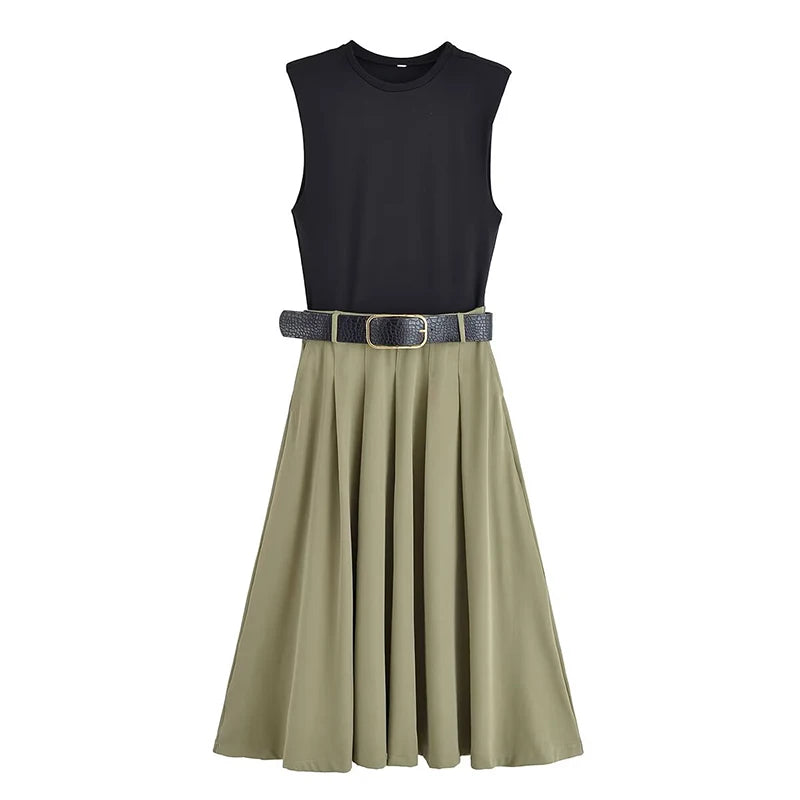 PATCHWORK PLEATED SLEEVELESS MIDI DRESS WITH BELT