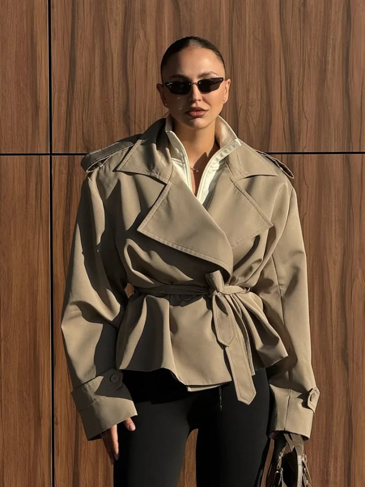 CROPPED KHAKI TRENCH COAT WITH BELT