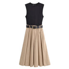 WOMEN’S PLEATED PATCHWORK BELTED MIDI DRESS Test