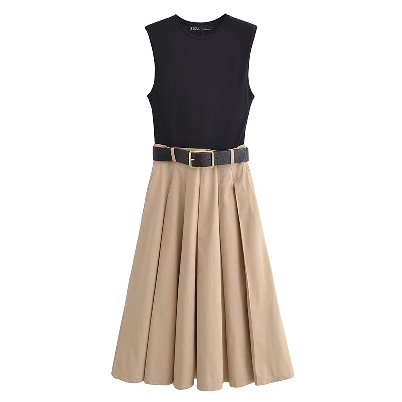 PATCHWORK PLEATED SLEEVELESS MIDI DRESS WITH BELT
