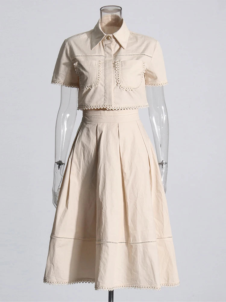 SHORT-SLEEVED SHIRT WITH COLLAR AND HIGH-WAISTED A-LINE SKIRT SET