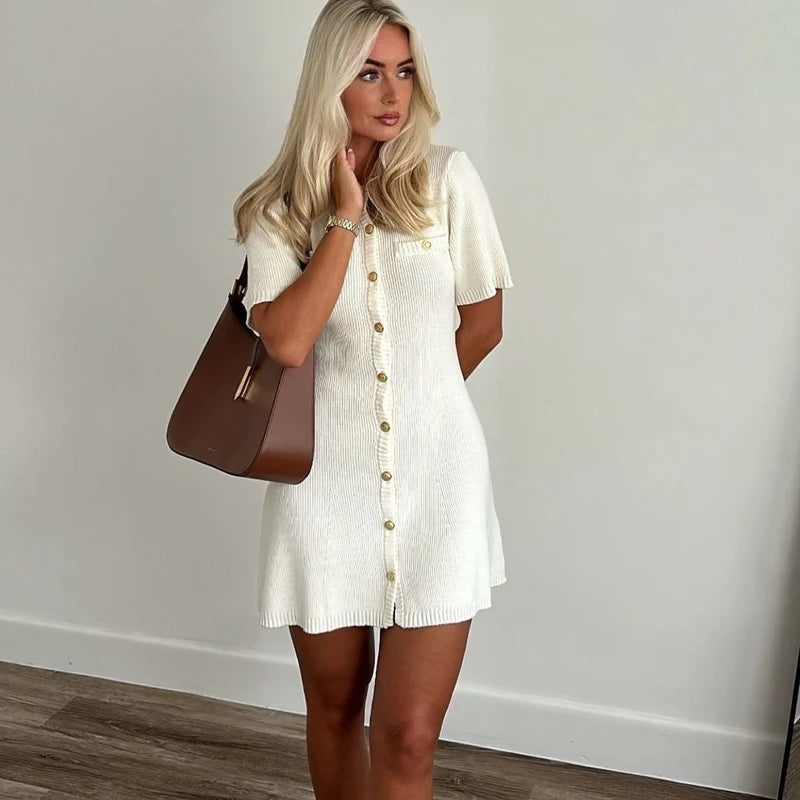ELEGANT WHITE KNITTED MINI DRESS