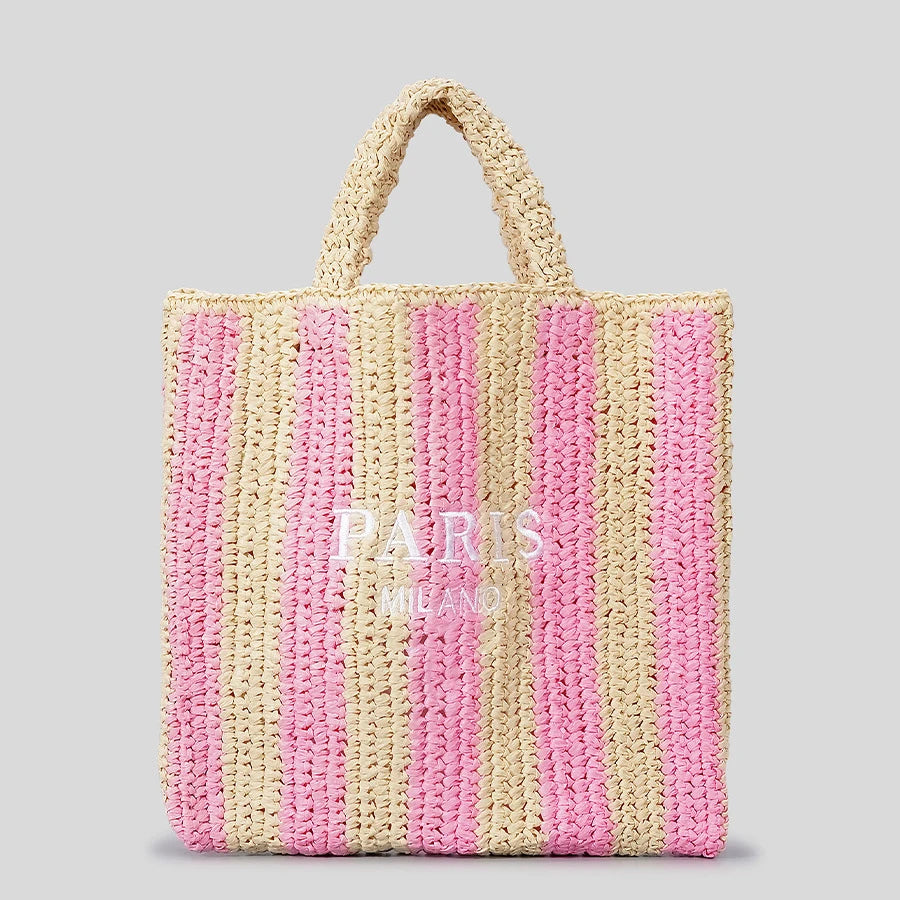 STRIPED STRAW WOVEN TOTE BAG