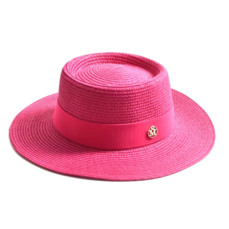 WOMEN’S STRAW SUN HAT WITH FLAT BRIM & RIBBON