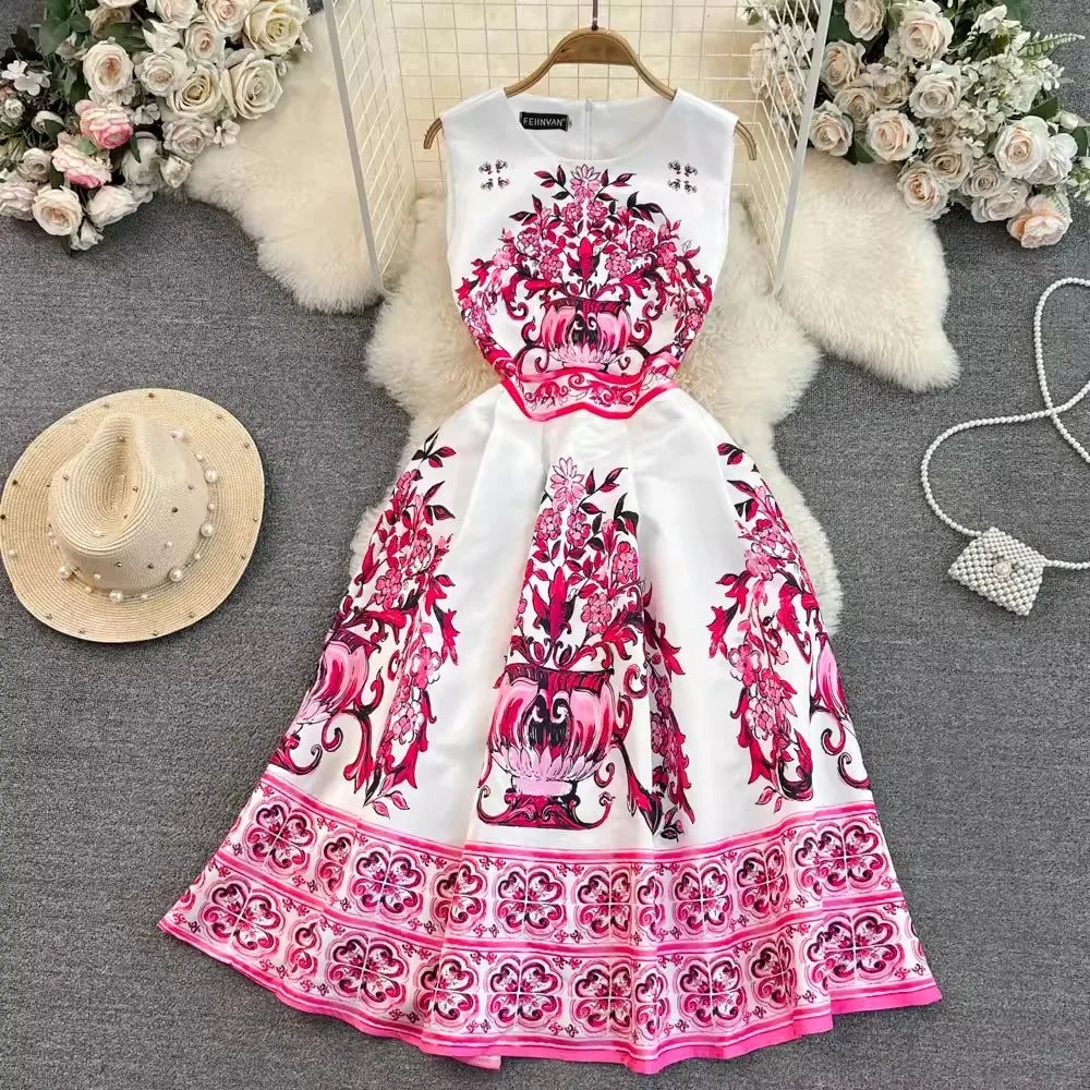 VINTAGE BLUE AND WHITE FLORAL MIDI DRESS