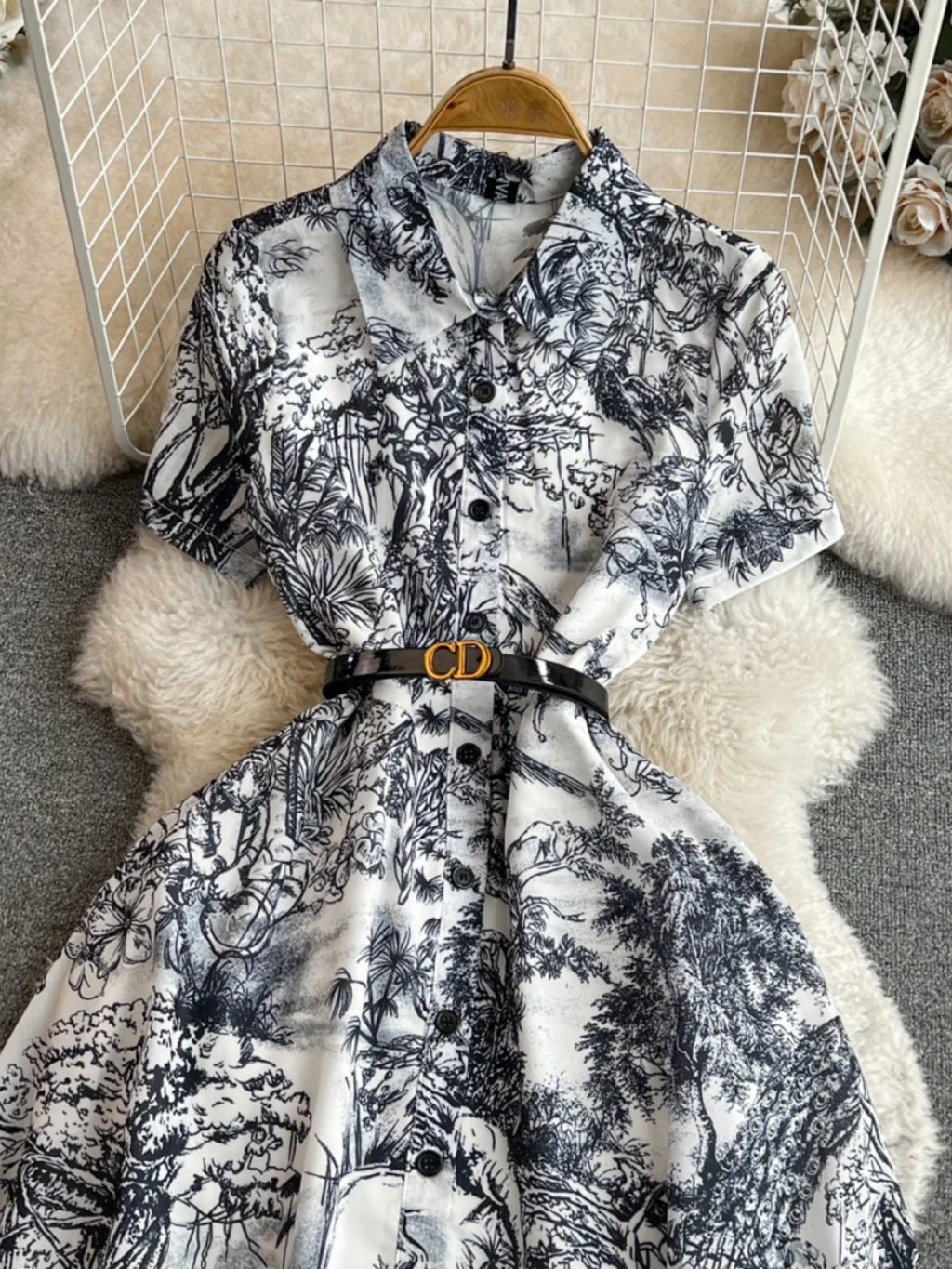 INK PRINT WAISTED MIDI DRESS
